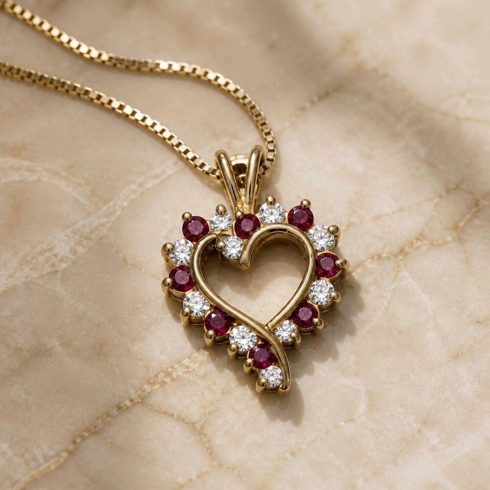 Vintage Ribbon Style Open Heart Ruby's & CZ Italy 925  Pendant Necklace